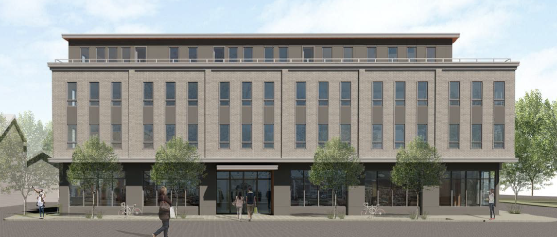 A rendering of the proposed four-story building on the parking lot of the Murphy Funeral Home, located at the corner of Dorchester Avenue and Belfort Street. The funeral home would remain while the parking lots would be developed on a 10,544 sq. ft. lot. Rendering by Owen Thomas Architecture