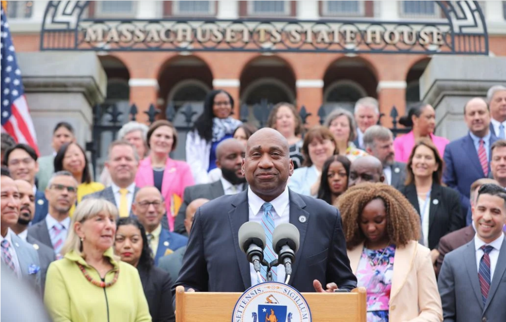 Rep. Russell Holmes speaks on June 18, 2025 at the Black and Latino Legislative Caucus' Juneteenth State House celebration. Ella Adams/SHNS photo