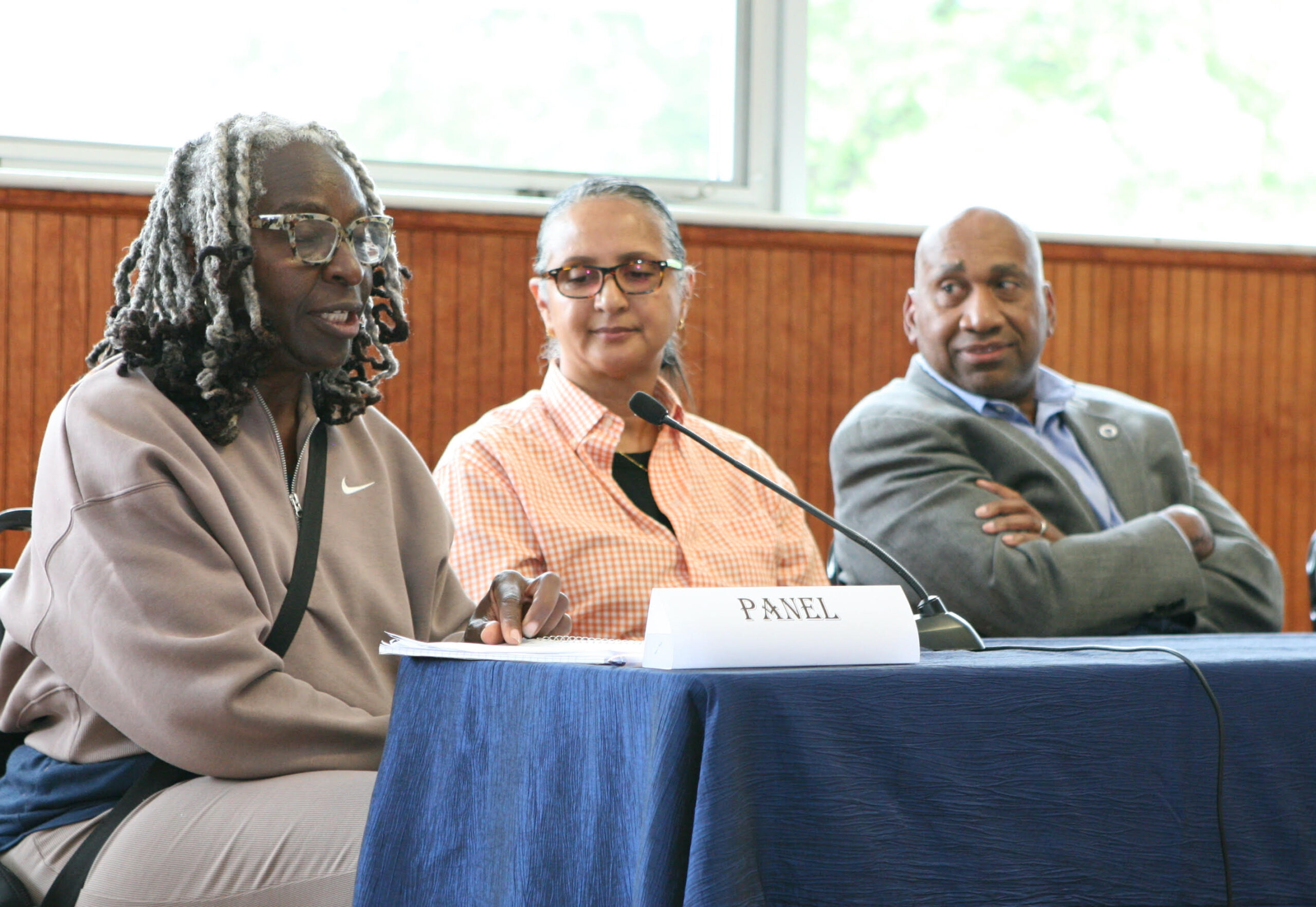 A panel with, from left, Café Juice Up owner Denise O’Mard, Fatima Ali-Salaam, chair of Greater Mattapan Neighborhood Council (GMNC), and state Rep. Russell Holmes debated the negatives and positives of the project. O’Mard said that as a business owner on Blue Hill Avenue, she hasn’t gotten much engagement from planners to date. Seth Daniel photo