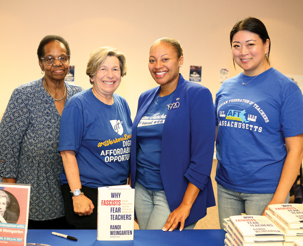 School Committee Chair Jeri Robinson, AFT President Randi Weingarten, BTU Vice President Lea Serena (formerly of the Mather School), and BTU Massachusetts President Jessica Tang. Seth Daniel photo