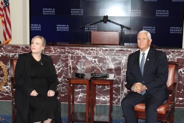 Former Vice President Mike Pence, right, next to Meghan McCain inside the EMK Institute's replica of the US Senate Chamber. Cassidy McNeeley photo